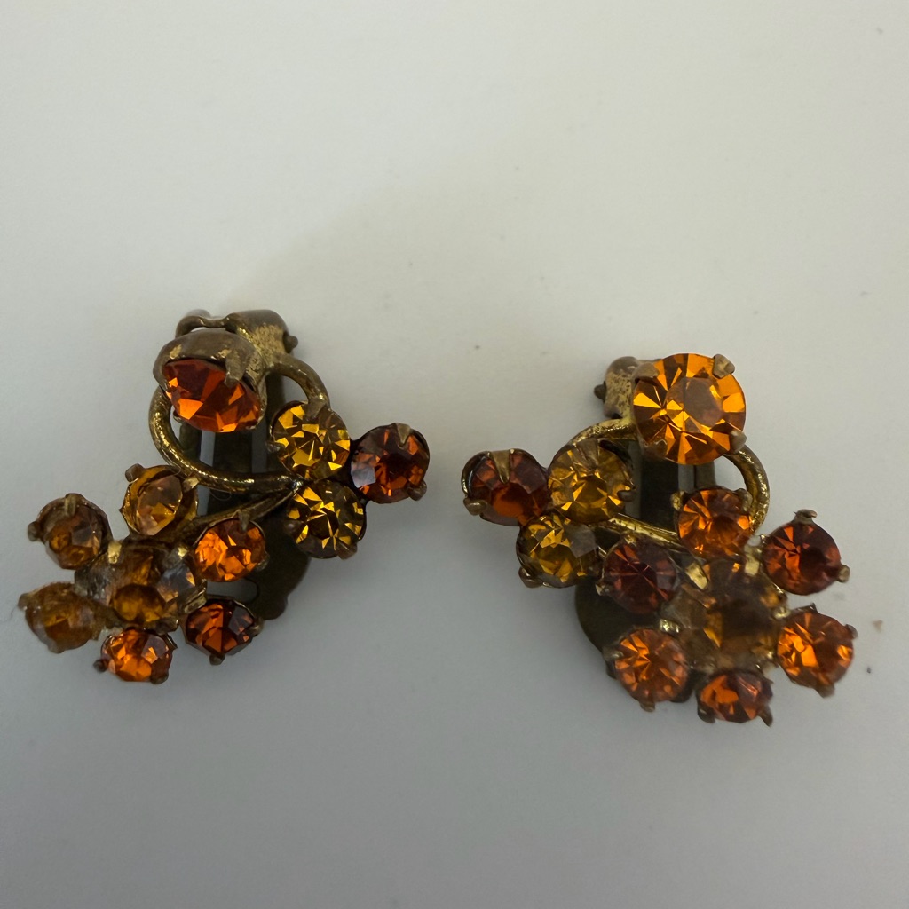 Warm Topaz/Orange Rhinestone Clip-On Earrings Vintage Petite Made In Austria